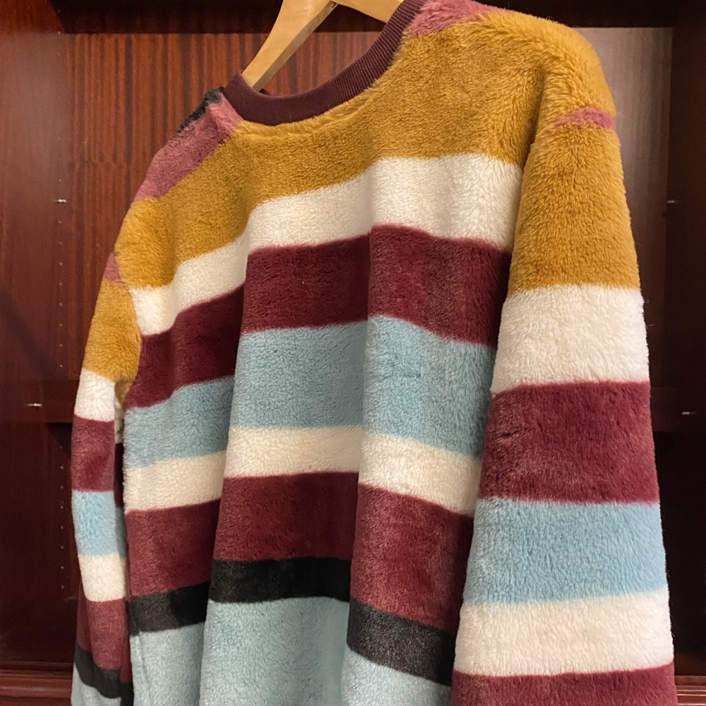 Lou & Grey Women’s Faux Fur Striped Crew Neck Sweater